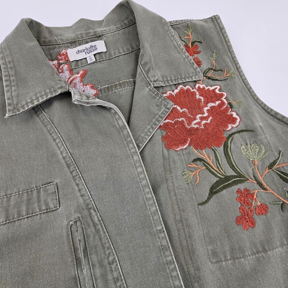 Charlotte Russe Womens XL Embroidered Floral Utility Vest Sage Green Boho